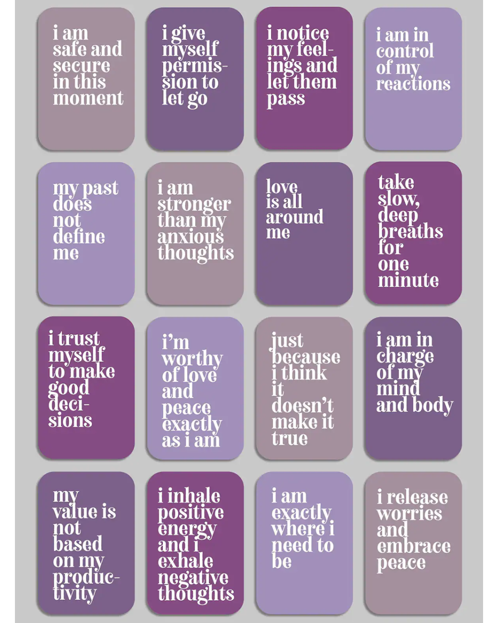 Purple cards with white text on a gray background
