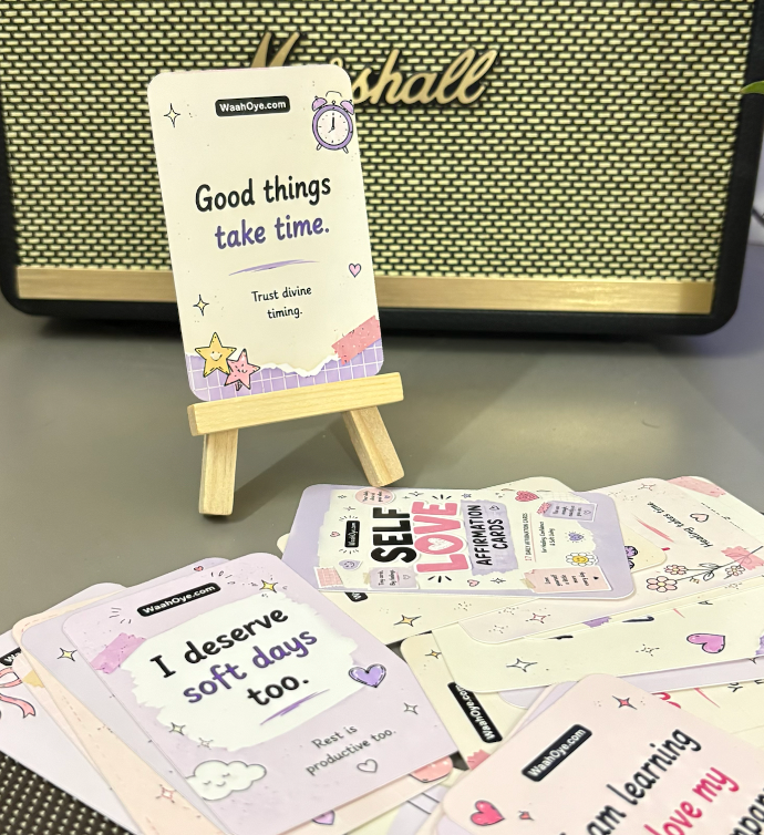 Self Love Affirmation Pocket Cards with Wooden Stand | Set of 17 Cute Positive Quote Cards | Aesthetic Desk Decor & Mental Wellness Gift | Smooth Matte Finish