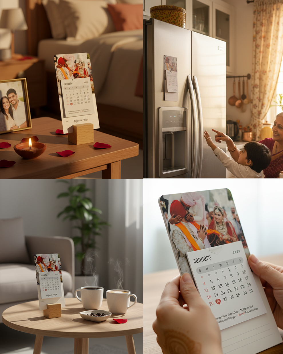 Collage of a calendar on a table, refrigerator, living room, and person holding a calendar.