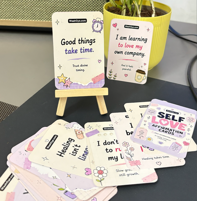 Self Love Affirmation Pocket Cards with Wooden Stand | Set of 17 Cute Positive Quote Cards | Aesthetic Desk Decor & Mental Wellness Gift | Smooth Matte Finish