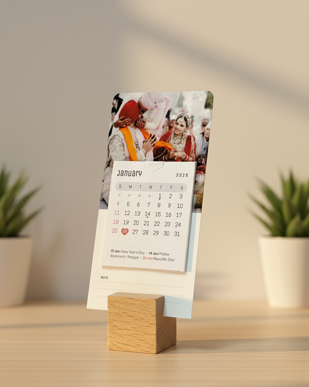 Calendar on a wooden stand with a blurred background