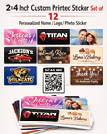 Set of 12 custom printed stickers with various designs on a white background