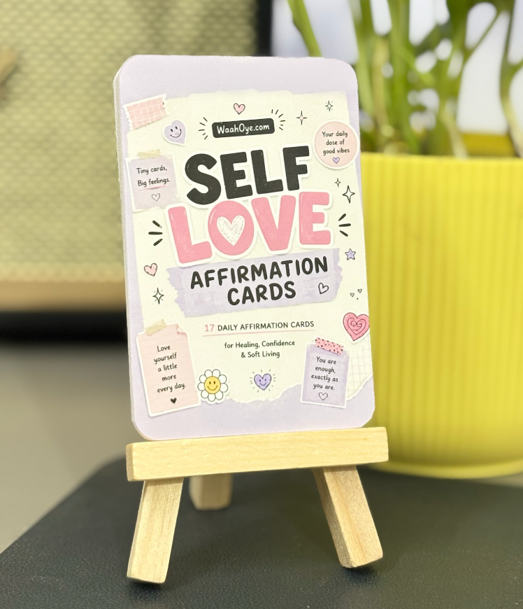 Self Love Affirmation Pocket Cards with Wooden Stand | Set of 17 Cute Positive Quote Cards | Aesthetic Desk Decor & Mental Wellness Gift | Smooth Matte Finish