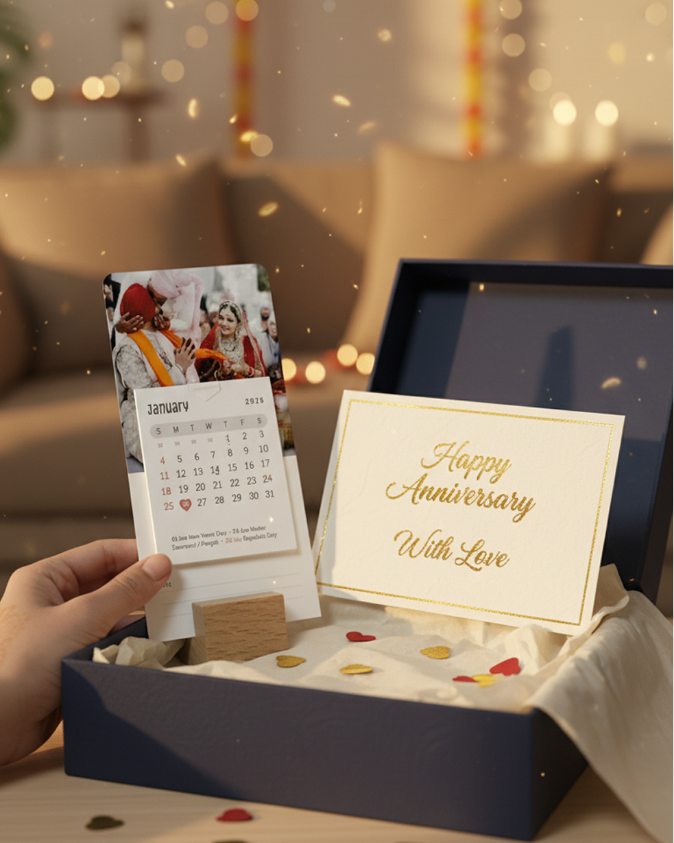 Open gift box with 'Happy Anniversary With Love' card and calendar in a cozy indoor setting.