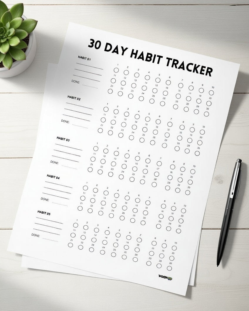 30 Day Habit Tracker on a white surface with a pen and plant