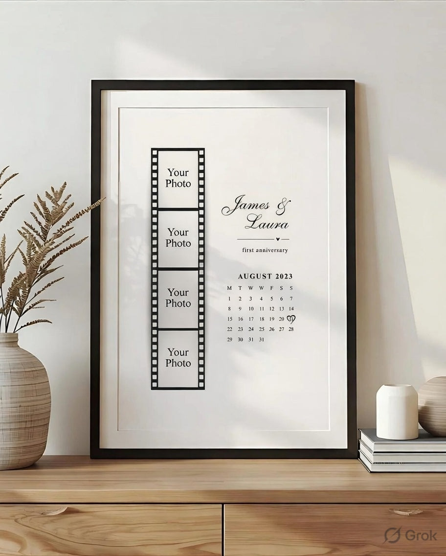 Framed personalized photo calendar on a wooden shelf with decorative items.