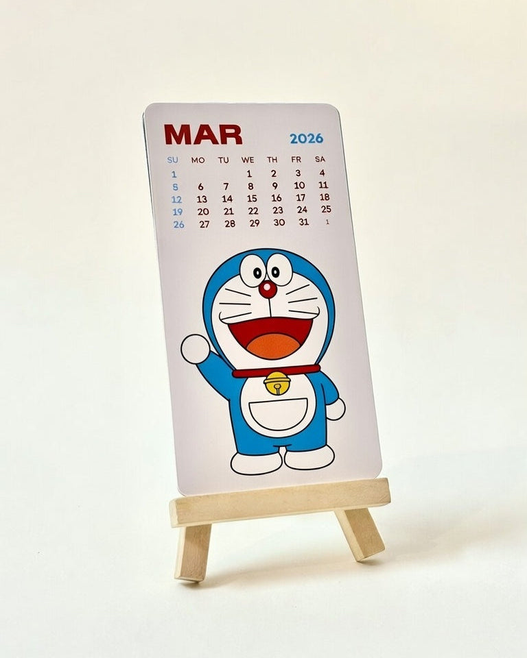 Calendar with a cartoon character on a stand against a white background