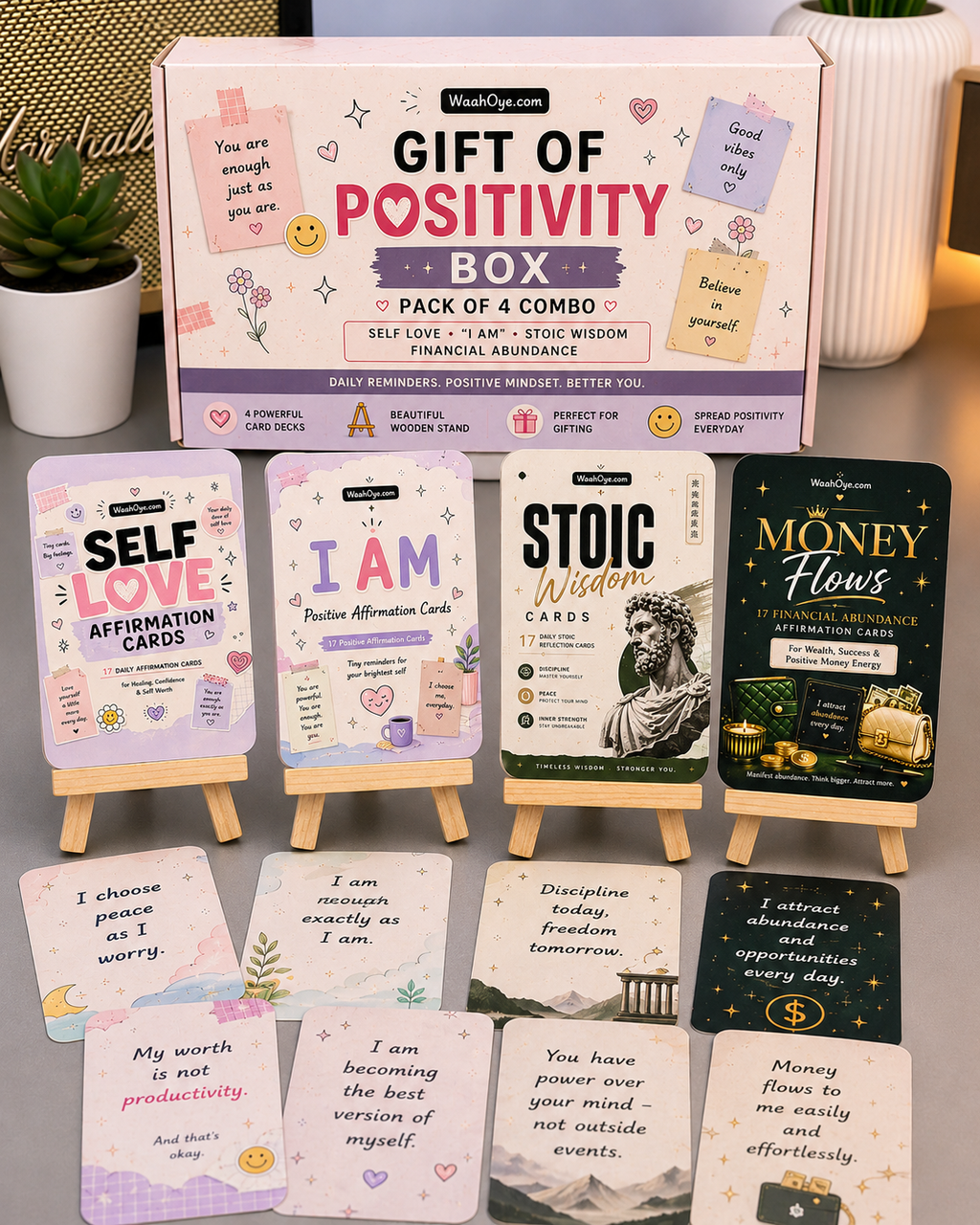 Gift of Positivity Box Pack of 4 COMBO - Self Love, “I AM”, Stoic Wisdom, Financial Abundance Affirmation Cards