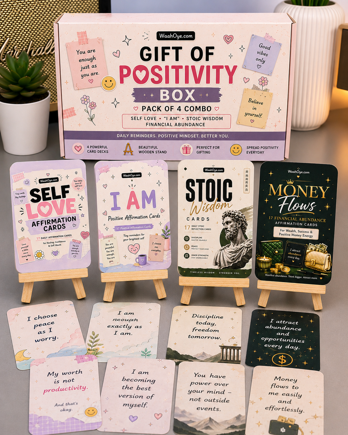 Gift of Positivity Box Pack of 4 COMBO - Self Love, “I AM”, Stoic Wisdom, Financial Abundance Affirmation Cards