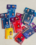 Collection of sports trading cards featuring various players in different teams on a light gray background.