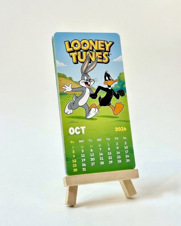Looney Tunes calendar for October 2026 on a stand with a white background