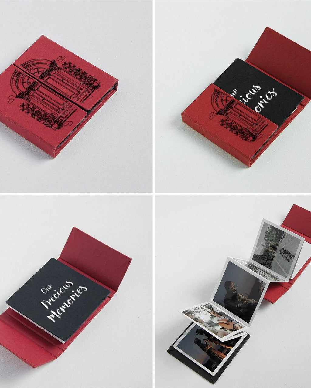 Red photo album with black cover displaying 'Our Precious Memories' text, shown in four views.