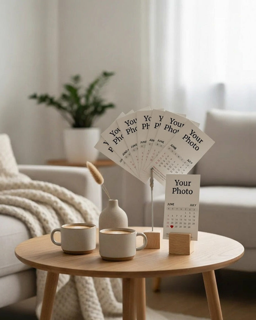 Calendar with 'Your Photo' text on a wooden table in a cozy living room.