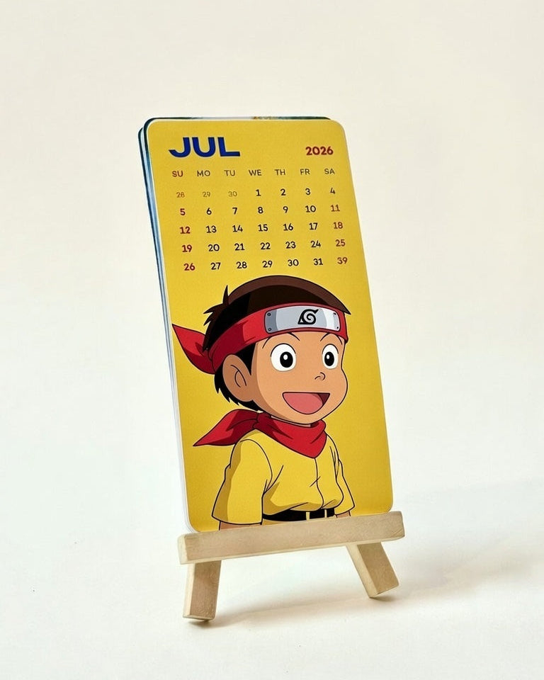 Calendar with a cartoon character on a stand against a white background