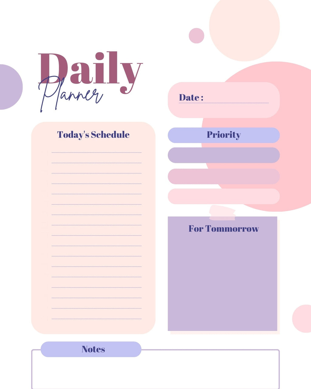 Cute Pink Purple Daily Planner – Aesthetic Organizer with Priority & Tomorrow Section