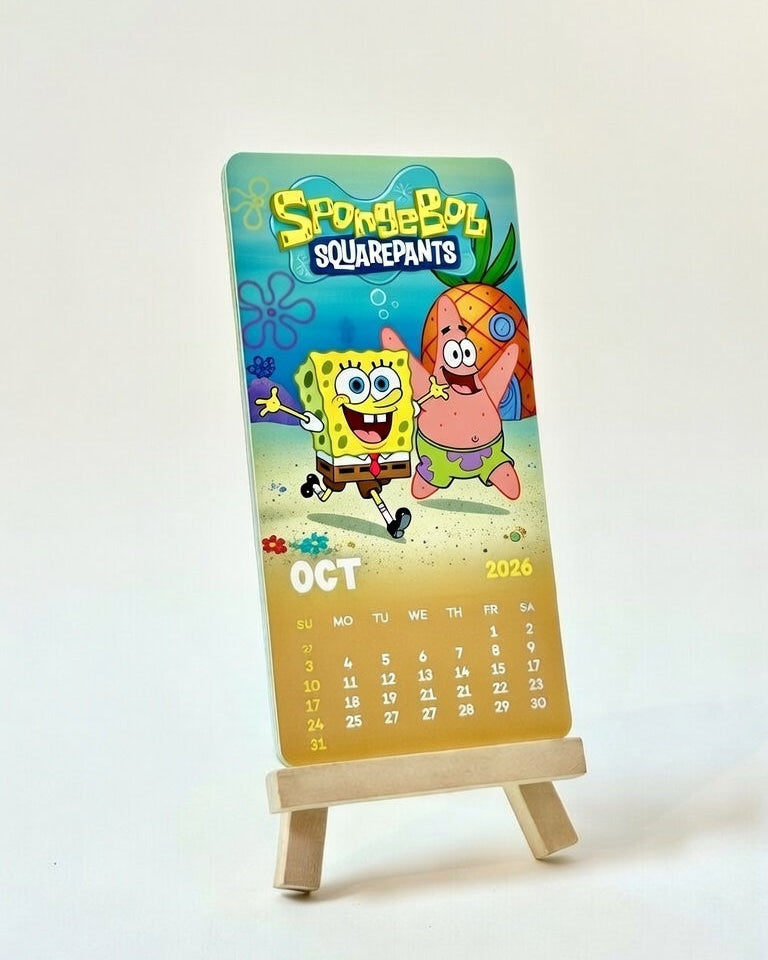 Calendar with SpongeBob SquarePants design on a stand against a white background