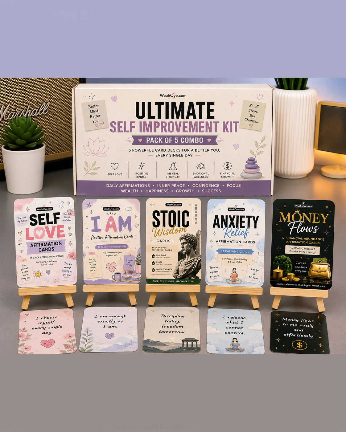 Ultimate Self Improvement kit Pack of 5 COMBO - Self Love, “I AM”, Stoic Wisdom, Anxiety Relief, Financial Abundance Affirmation Cards