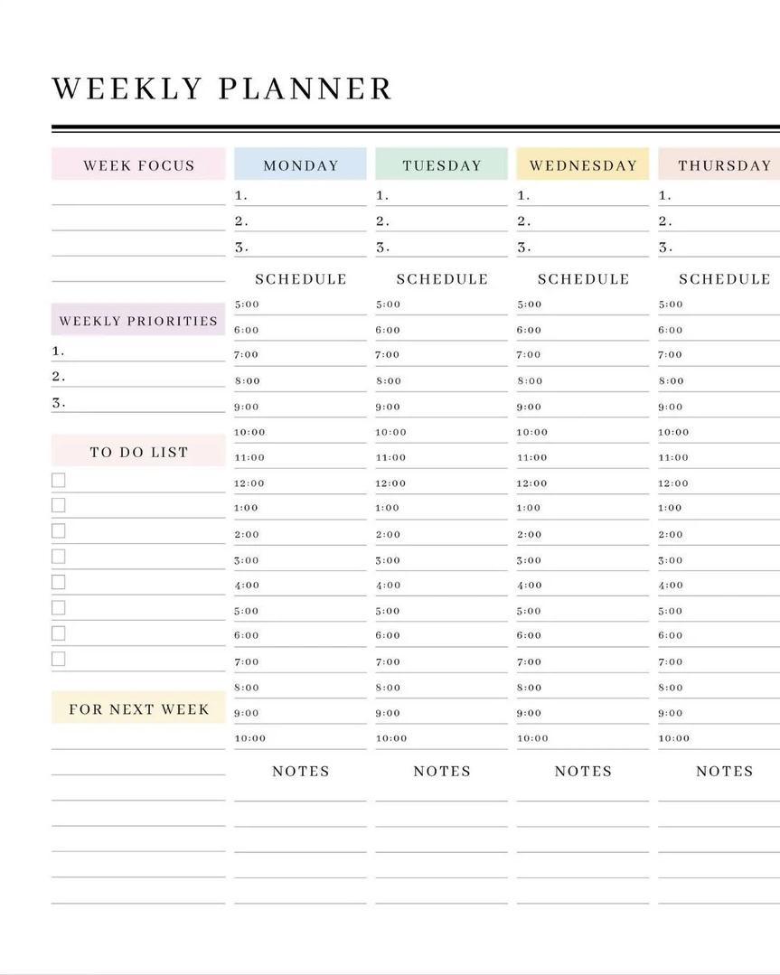 Weekly Hourly Planner -  Weekly Schedule