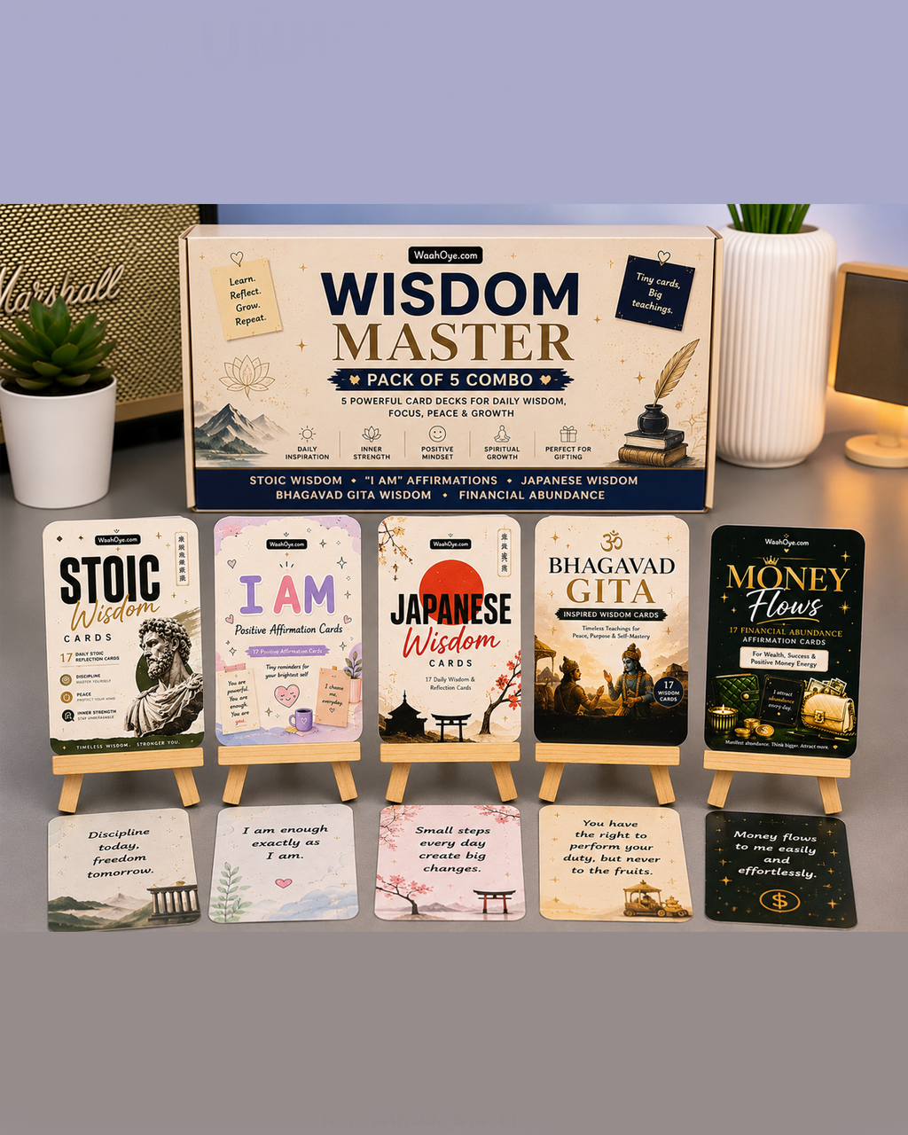 Wisdom Master Pack of 5 COMBO - Stoic Wisdom, “I AM”, Japanese Wisdom, Bhagavad Gita, Financial Abundance Affirmation Cards
