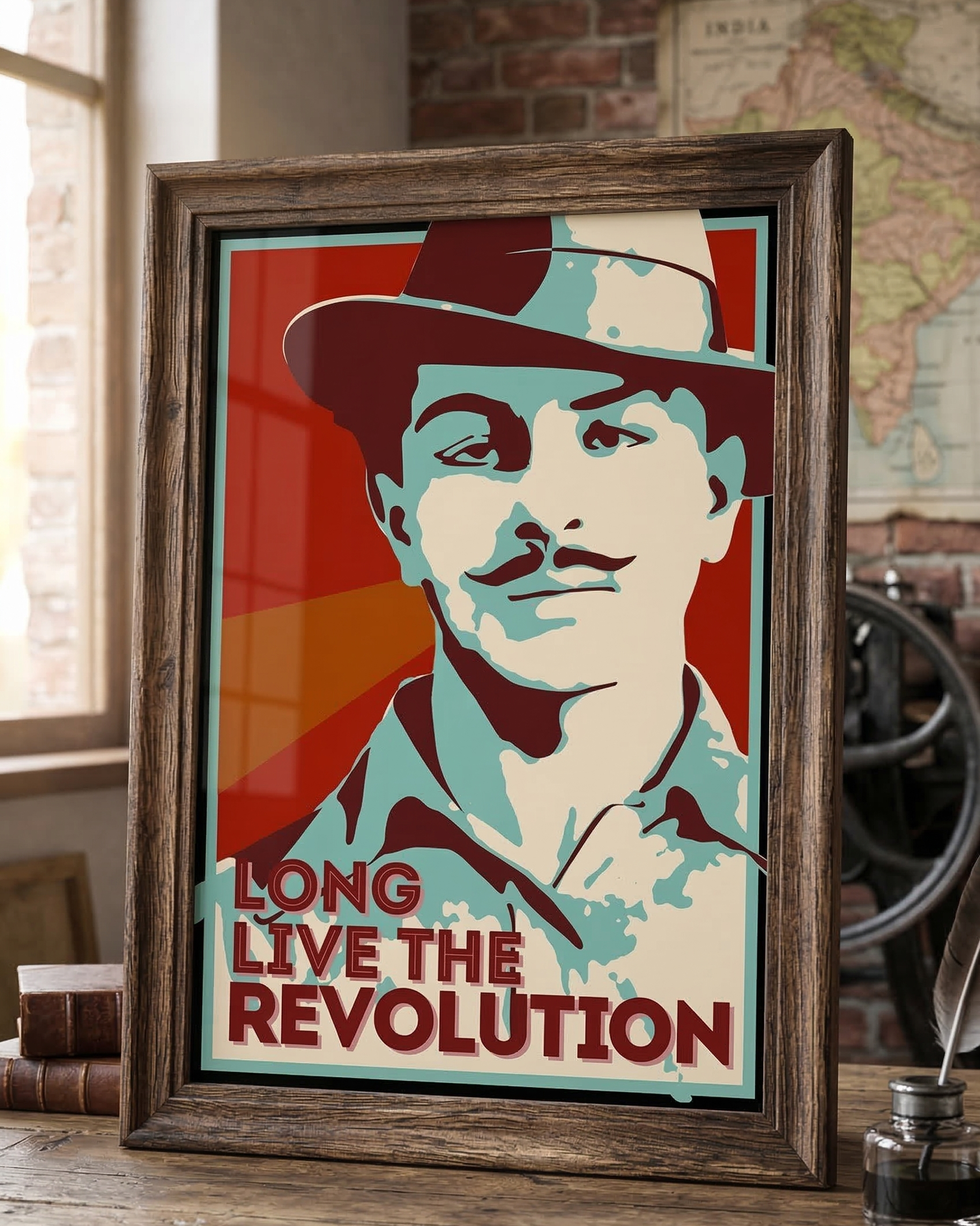 Framed poster with a stylized portrait and 'Long Live the Revolution' text on a wooden surface.