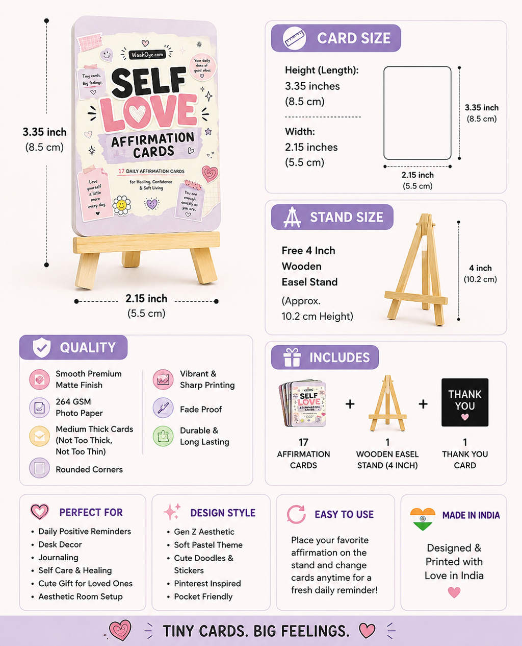 Self Love Affirmation Pocket Cards with Wooden Stand | Set of 17 Cute Positive Quote Cards | Aesthetic Desk Decor & Mental Wellness Gift | Smooth Matte Finish