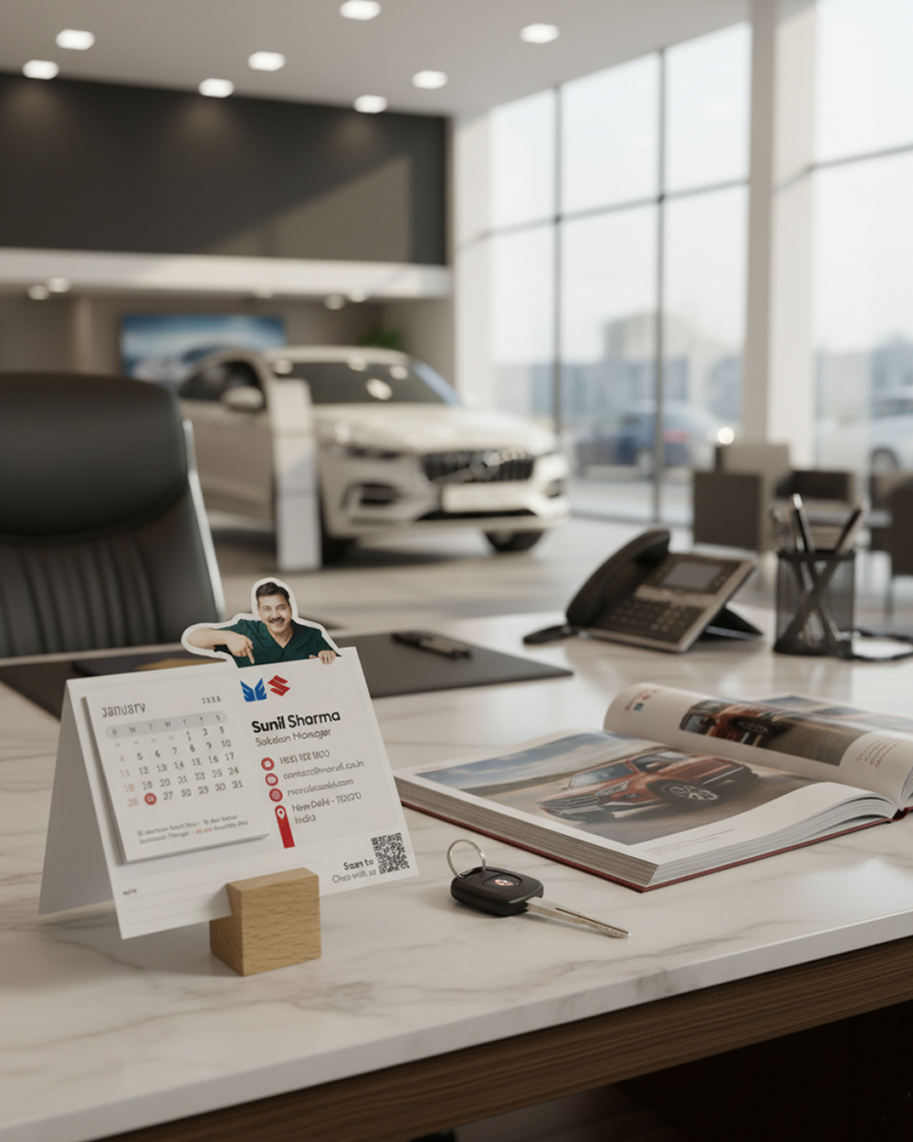 Car dealership interior with a desk, calendar, and car keys.