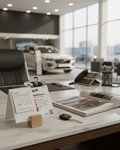 Car dealership interior with a desk, calendar, and car keys.
