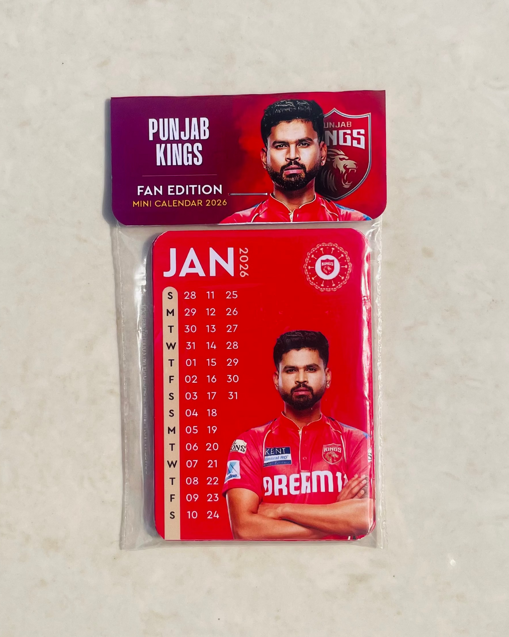 Punjab Kings mini calendar with a player's image on a light gray background