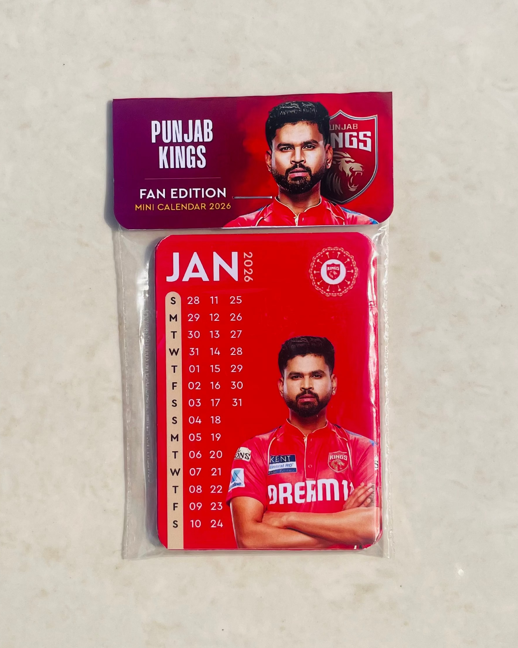 Punjab Kings mini calendar with a player's image on a light gray background
