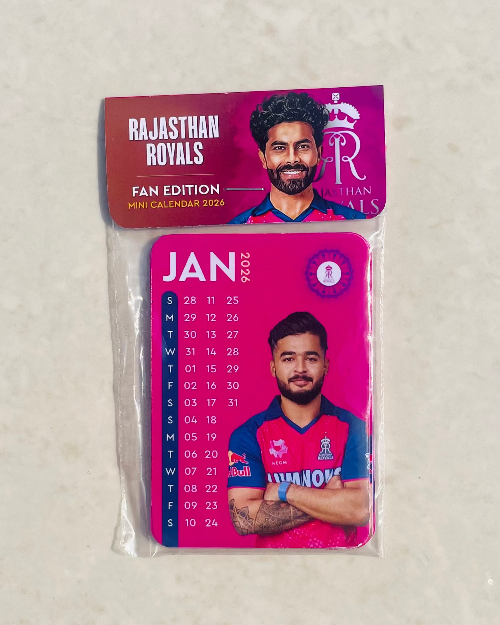 Calendar with Rajasthan Royals branding on a light gray background
