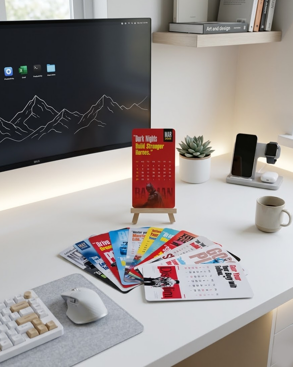 Desk setup with computer monitor, keyboard, mouse, and various calendars.