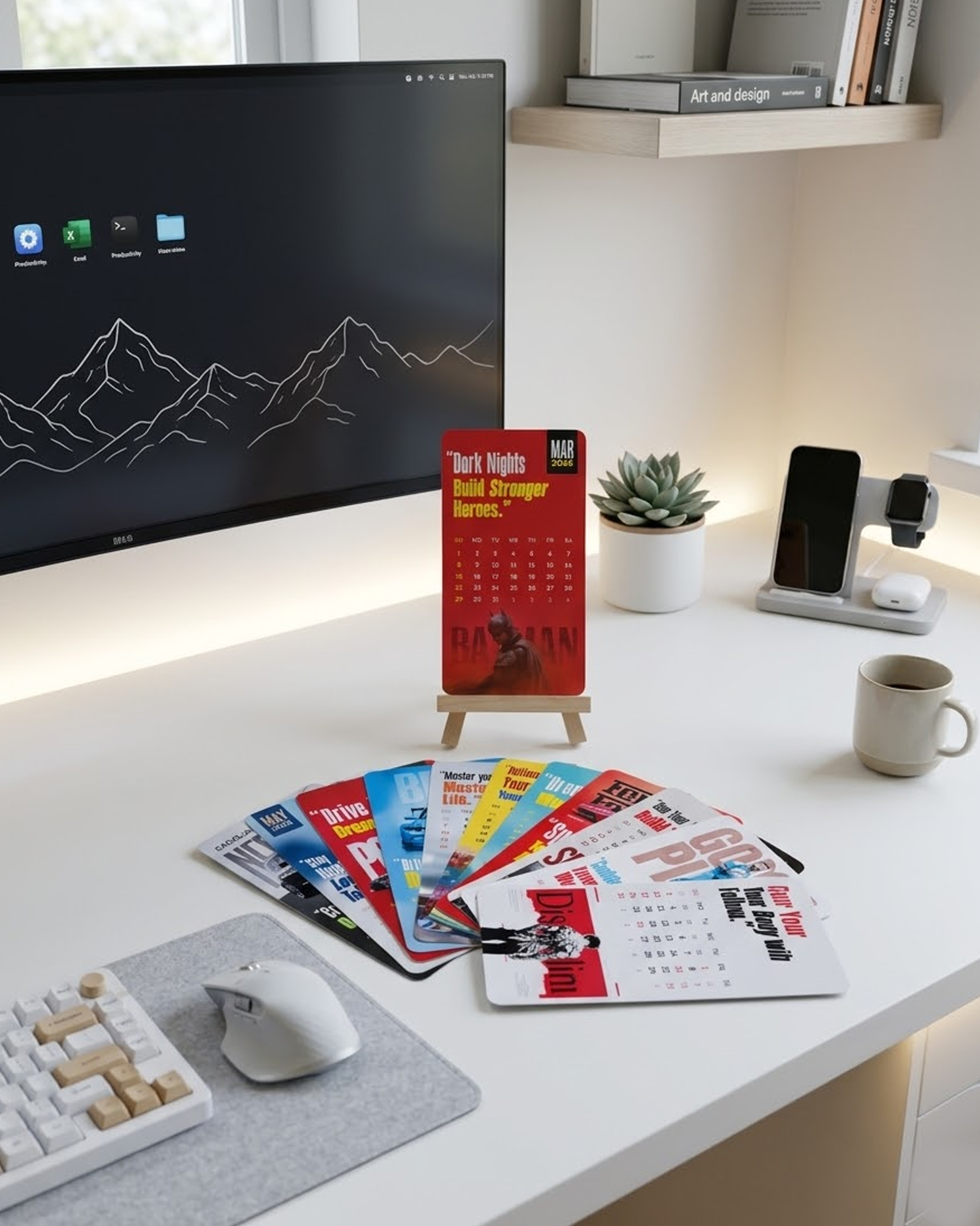 Desk setup with computer monitor, keyboard, mouse, and various calendars.