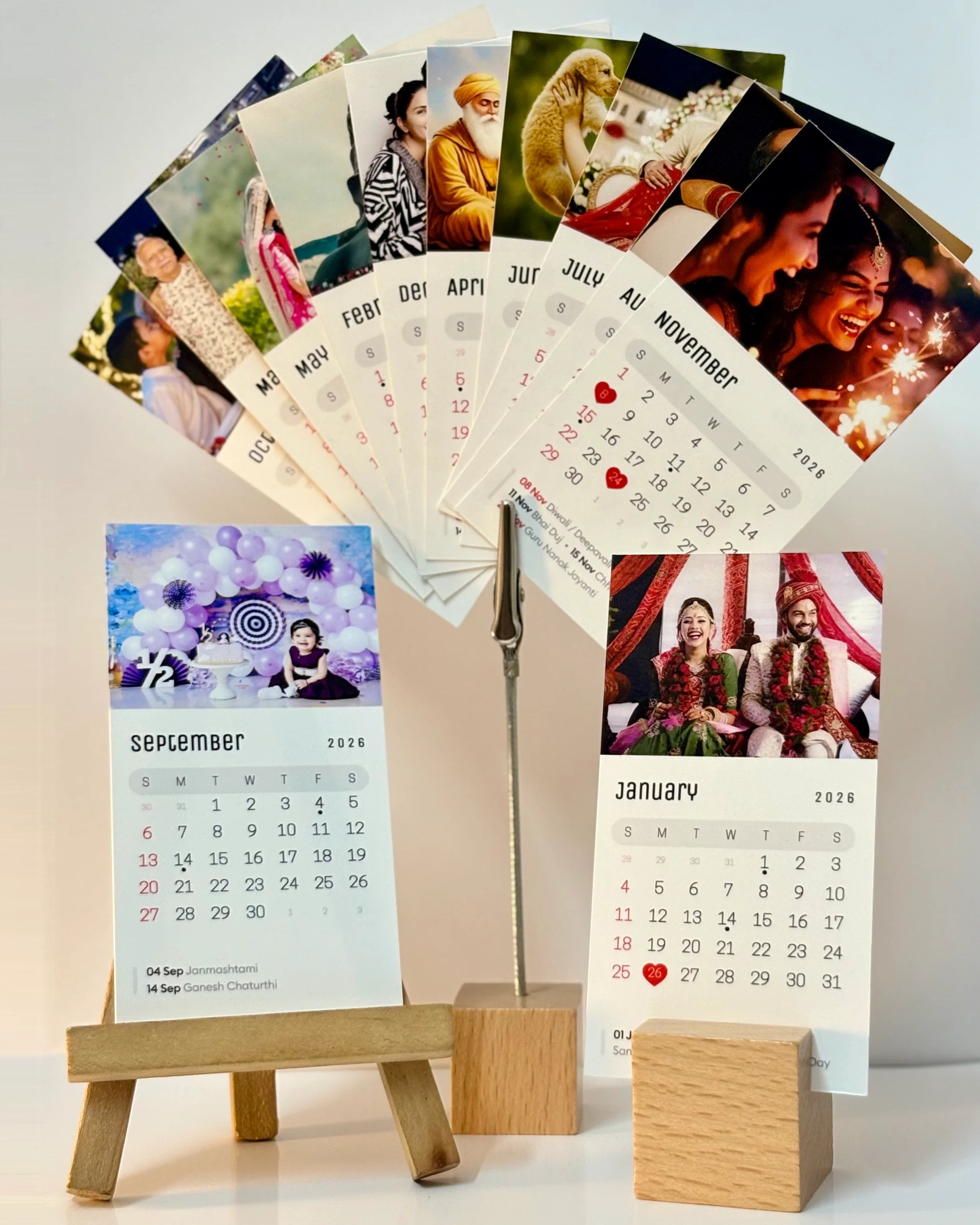 Personalized Photos Mini Desk Calendar 2026 With Wooden Stand
