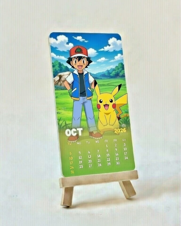 Calendar with a character and Pikachu on a stand against a light background