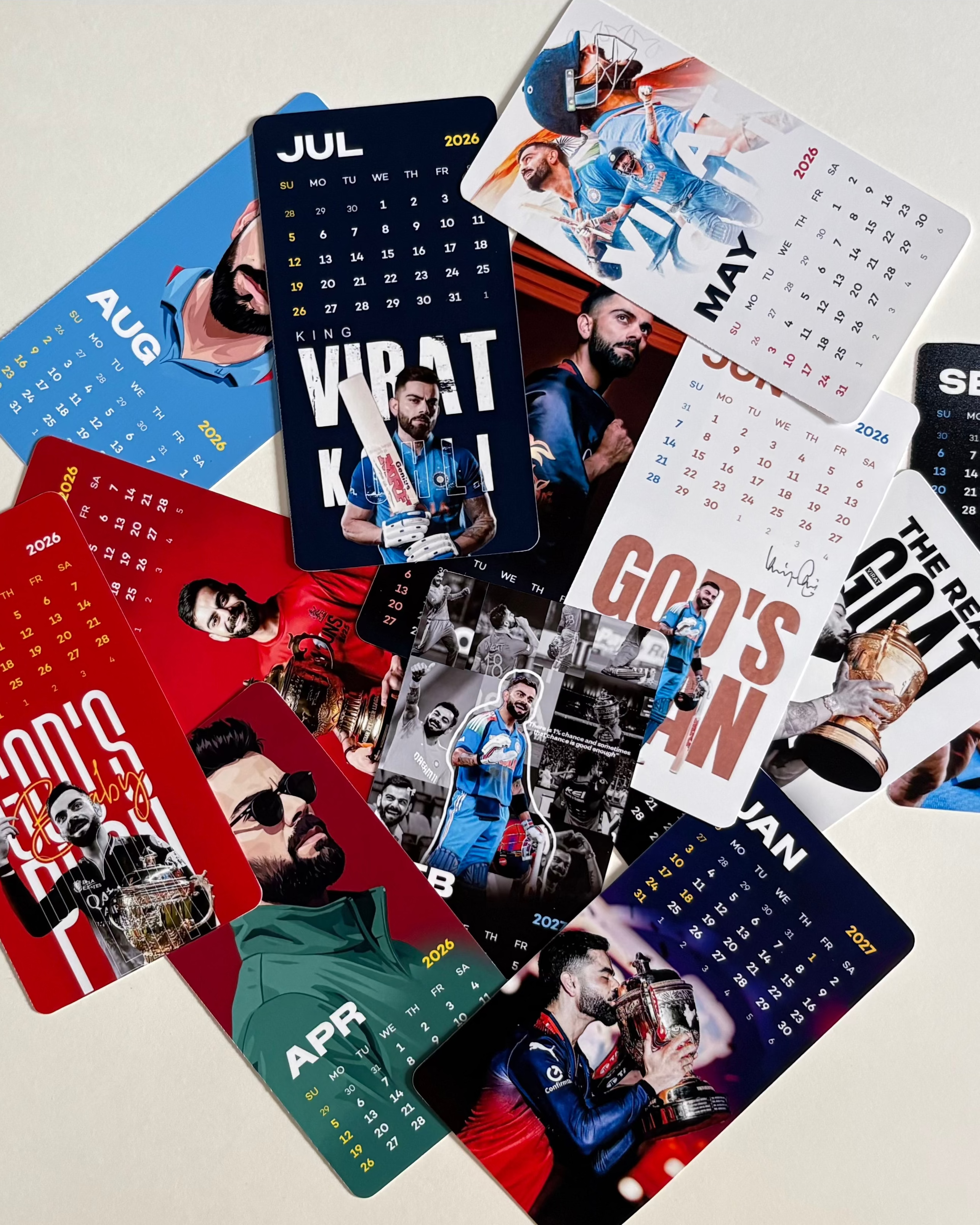 Collection of sports-themed calendars on a light background