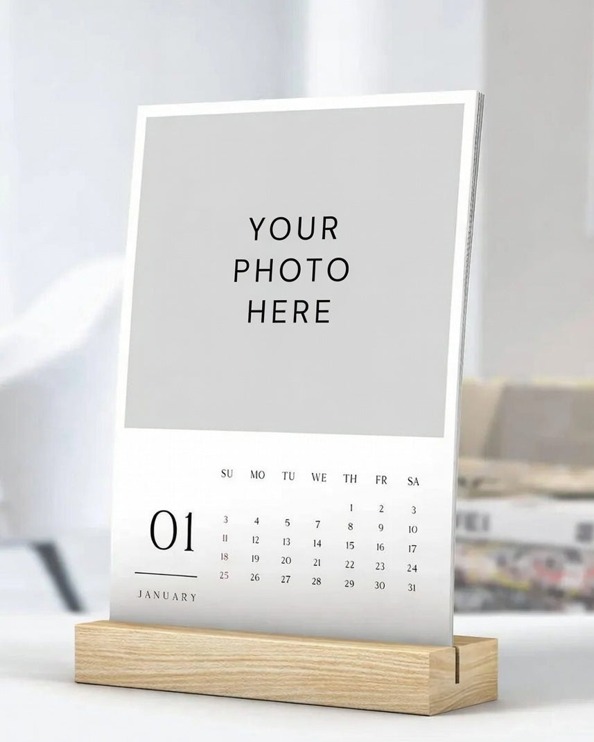 Calendar with wooden stand on a blurred background